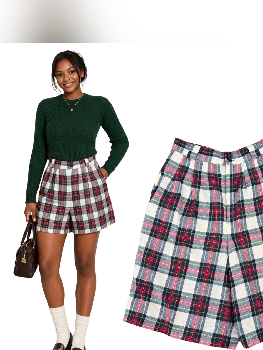 Vintage Wool Plaid Pleated Shorts Womens 10 Tartan High Waist Preppy Golf - Picture 2 of 15